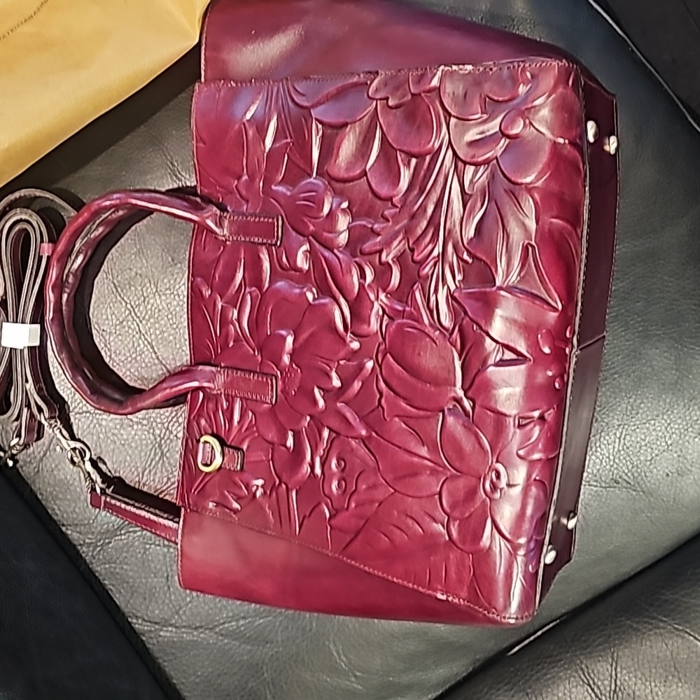 Patricia Nash XL Milliana Floral Deboss Leather Tote in Plum/Ox Blood NWT